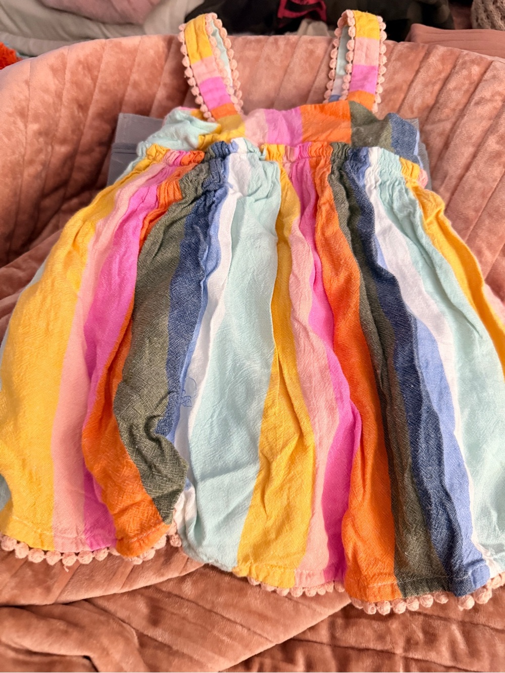 Tahari Baby Rainbow Stripe Sundress with Pom-Pom Trim